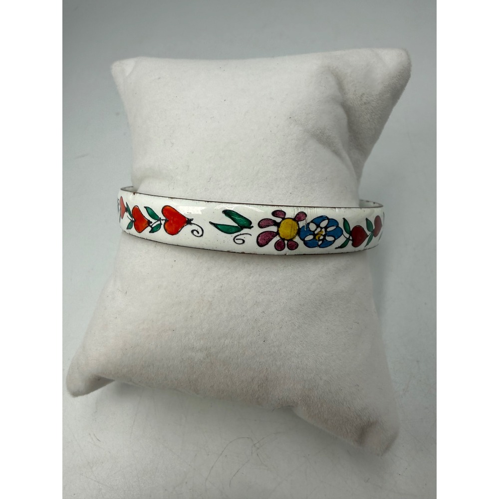 Vintage White Enamel Bangle Bracelet Floral Heart Hand Painted‎ Boho Folk Art